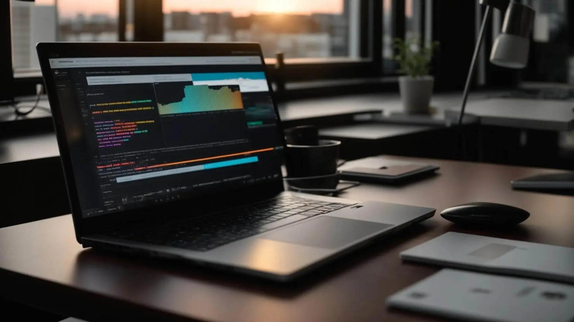 a sleek, modern workspace features a well-organized desk with an open laptop displaying a vibrant, visually engaging technical seo audit checklist, bathed in soft natural light from a nearby window.