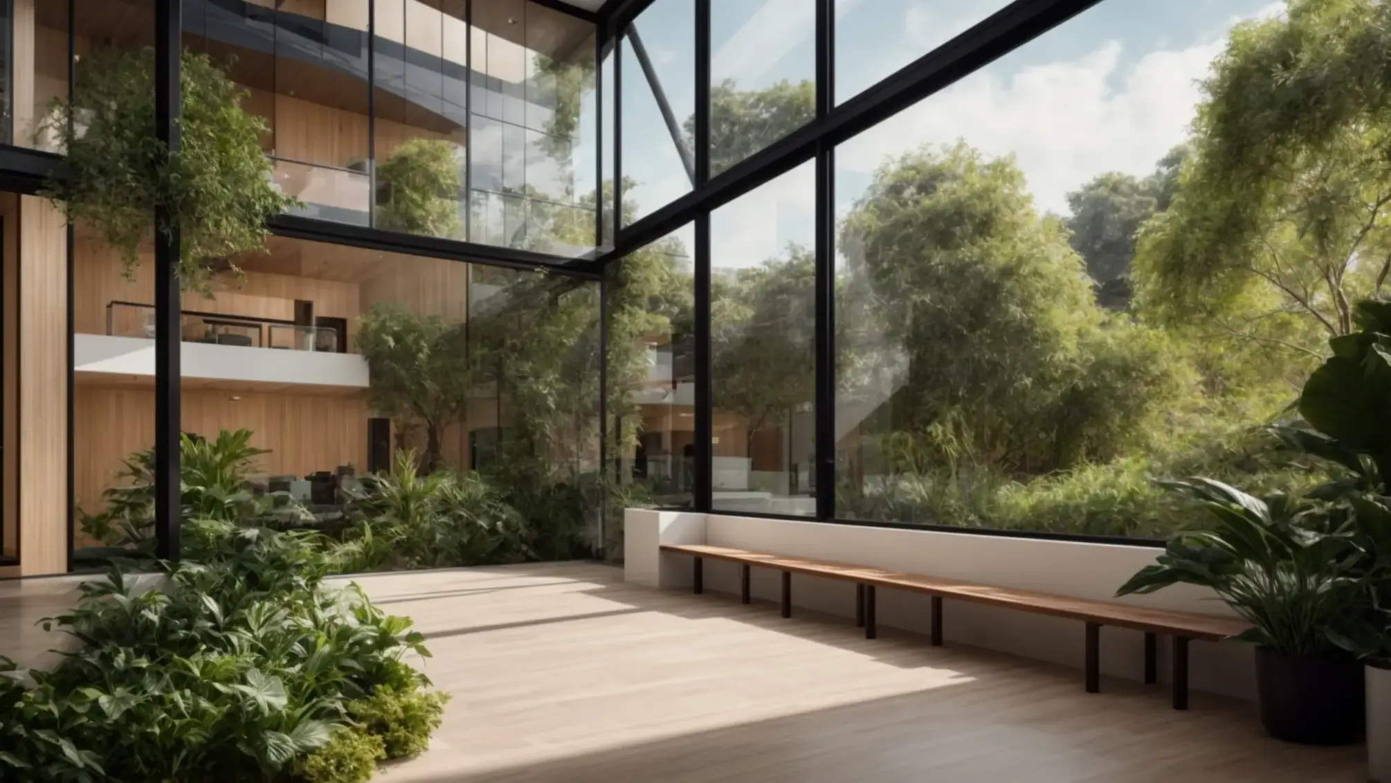 a vibrant and inviting modern real estate office filled with lush greenery, showcasing dynamic digital screens displaying property listings, all bathed in warm, natural light filtering through large windows.