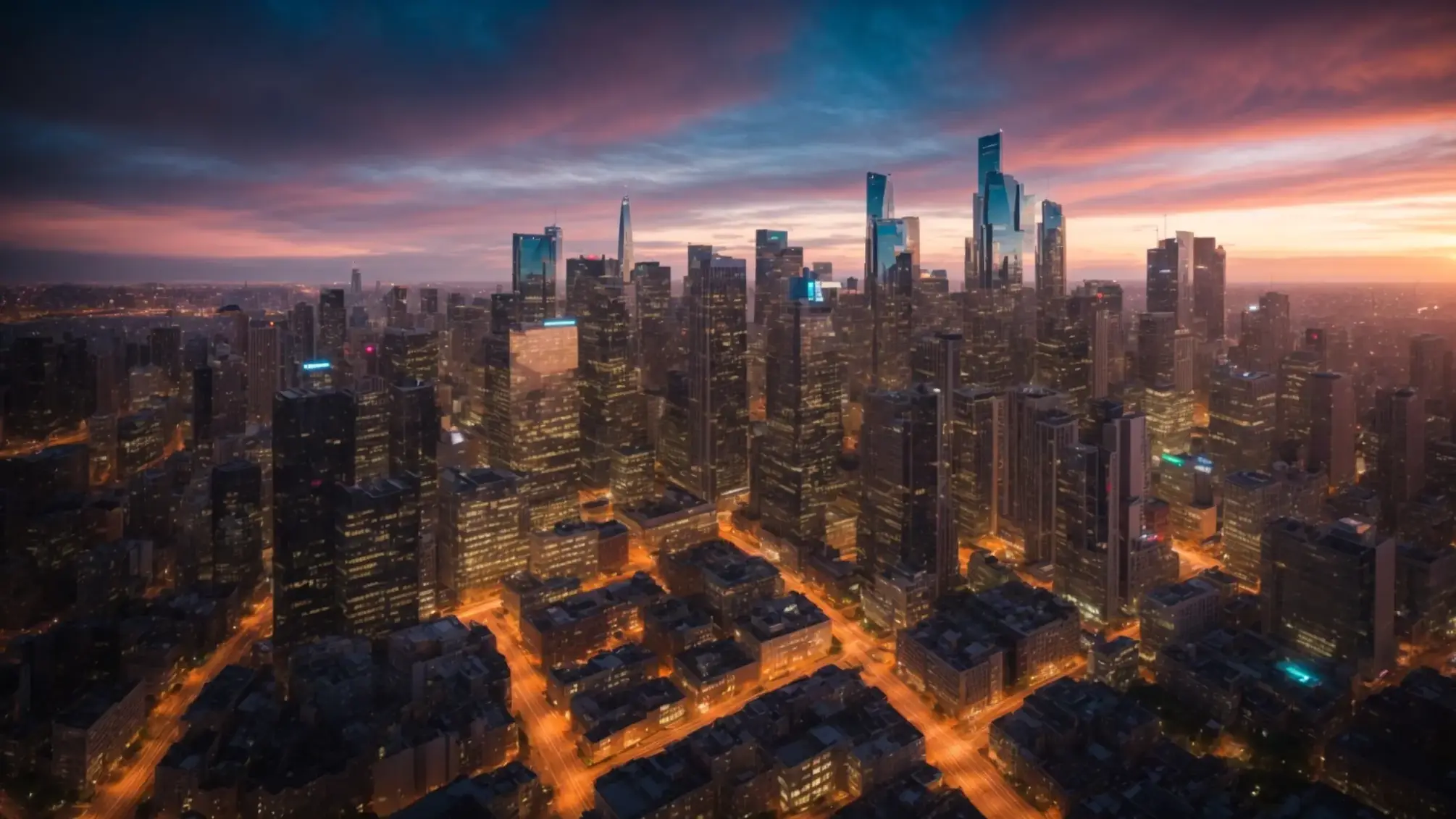 a vibrant city skyline at sunrise, symbolizing growth and opportunity in real estate, with bold social media icons artistically integrated into the architecture.