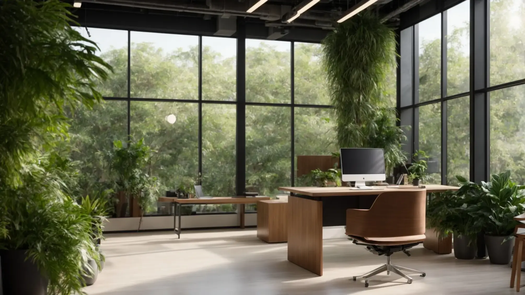 a vibrant, modern office space filled with lush greenery and sleek furnishings, illuminated by natural light filtering through large windows, embodying a fresh approach to real estate strategy.