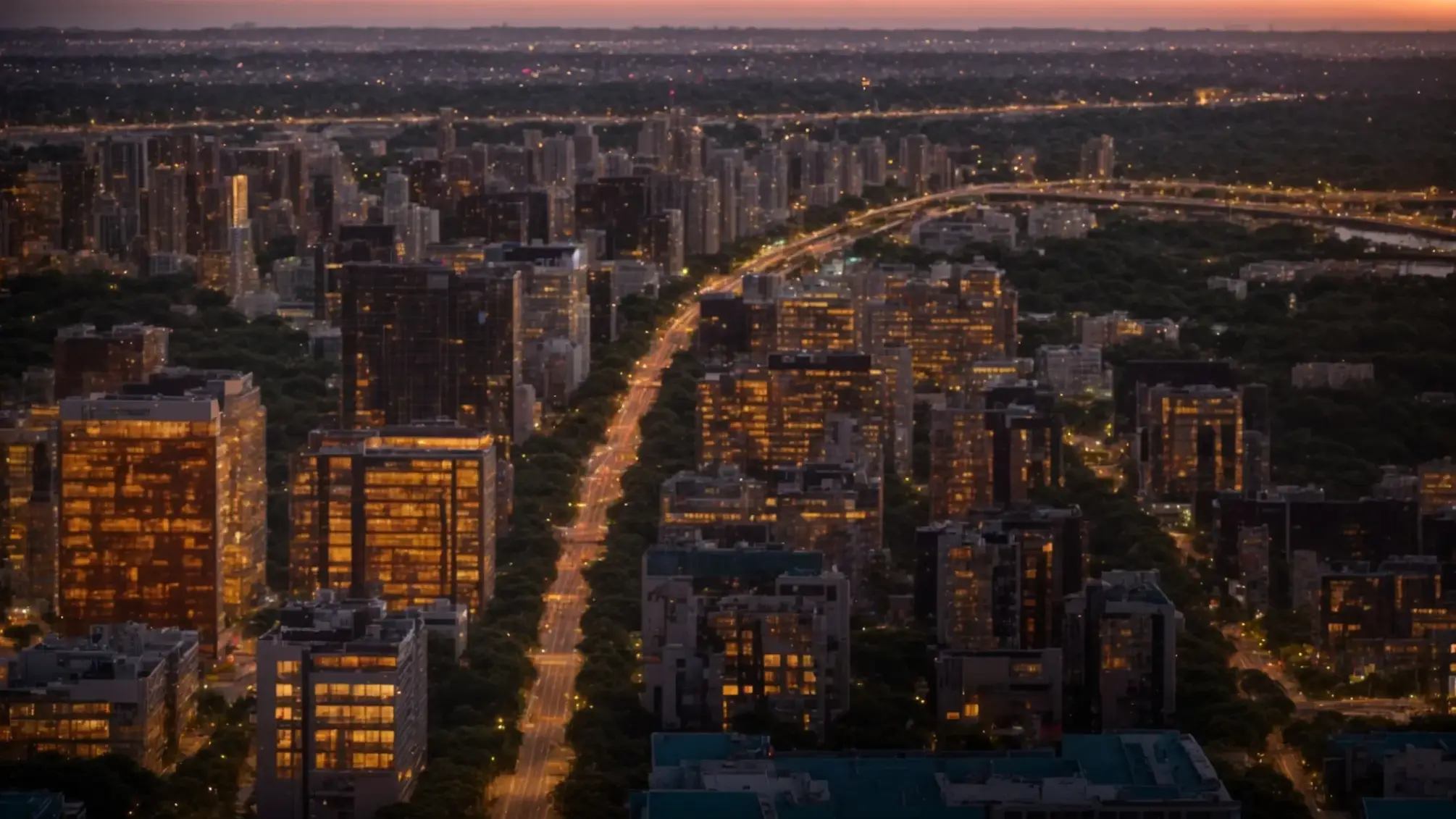 a vibrant skyline of new construction buildings glimmers under the golden hour light, symbolizing growth and visibility in the real estate market.