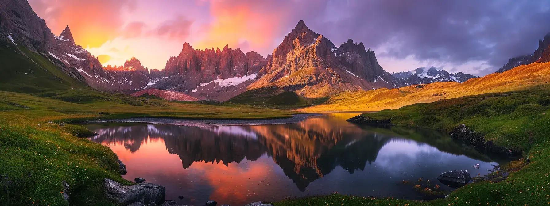 a breathtaking mountain landscape unfolds at sunrise, with vibrant orange and pink hues illuminating the majestic peaks and casting a warm glow over a serene, reflective lake nestled in a lush green valley.