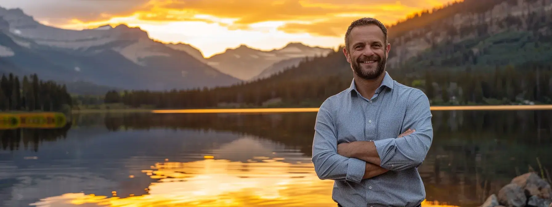 a breathtaking sunrise casts vibrant golden hues over a tranquil lake, reflecting the surrounding majestic mountains and creating a serene atmosphere.