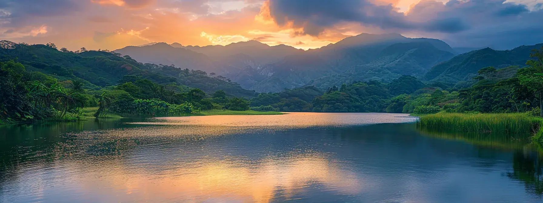 a breathtaking sunrise illuminates a serene mountain landscape, with vibrant colors reflecting on a tranquil lake surrounded by lush greenery.