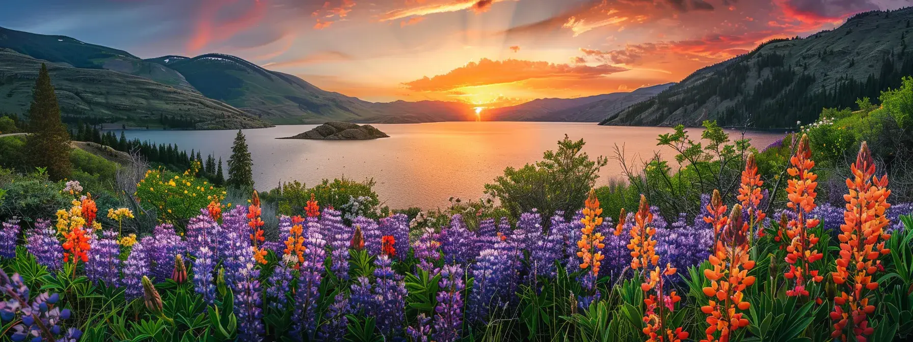 a breathtaking sunset casts a golden glow over a serene lake, where vibrant wildflowers bloom along the tranquil shoreline.