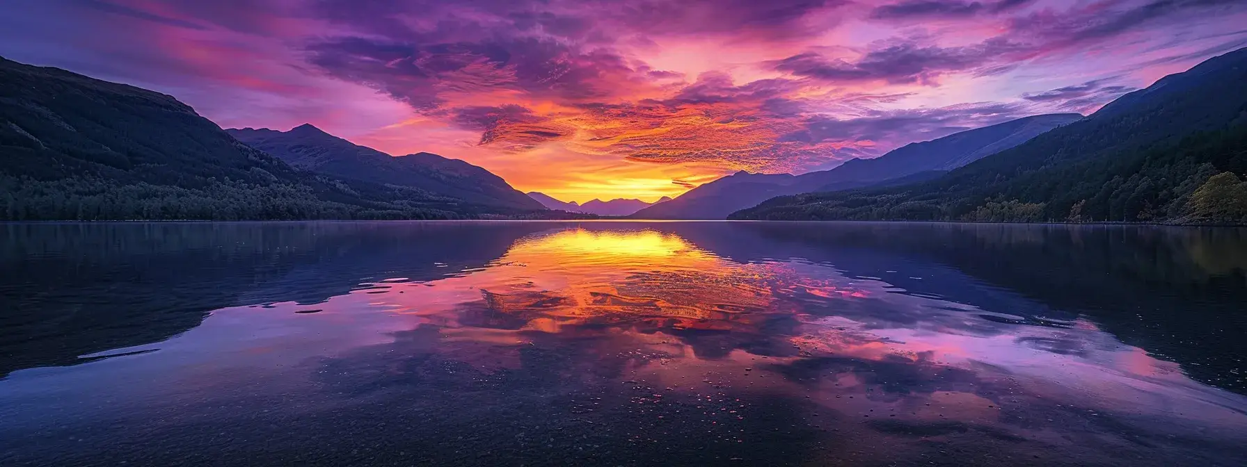 a breathtaking sunset illuminates the horizon with vibrant oranges and purples, casting dramatic reflections on a tranquil lake surrounded by towering mountains.