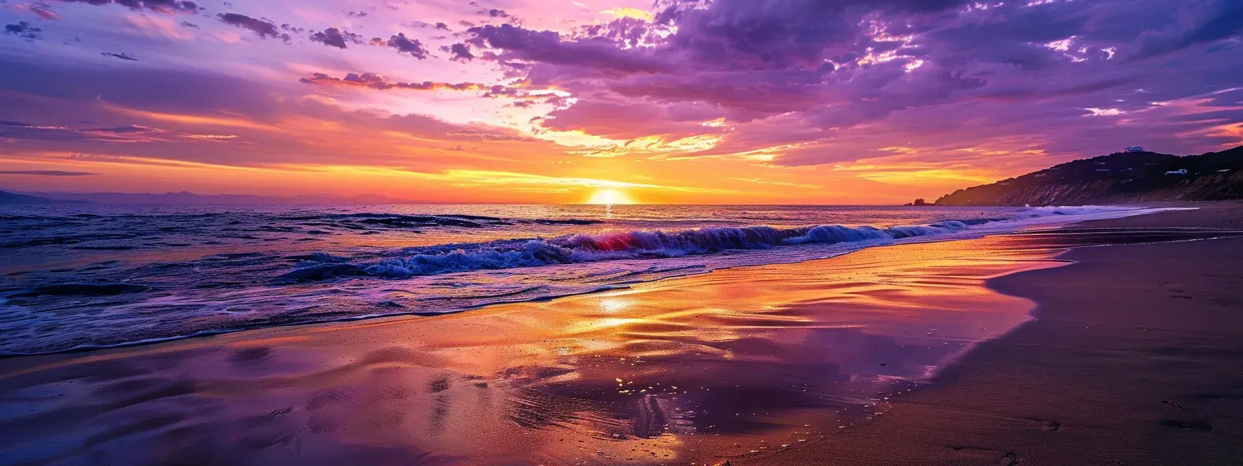 a breathtaking sunset illuminates a tranquil beach, casting vibrant hues of orange and purple across the sky while gentle waves lap at the shore.