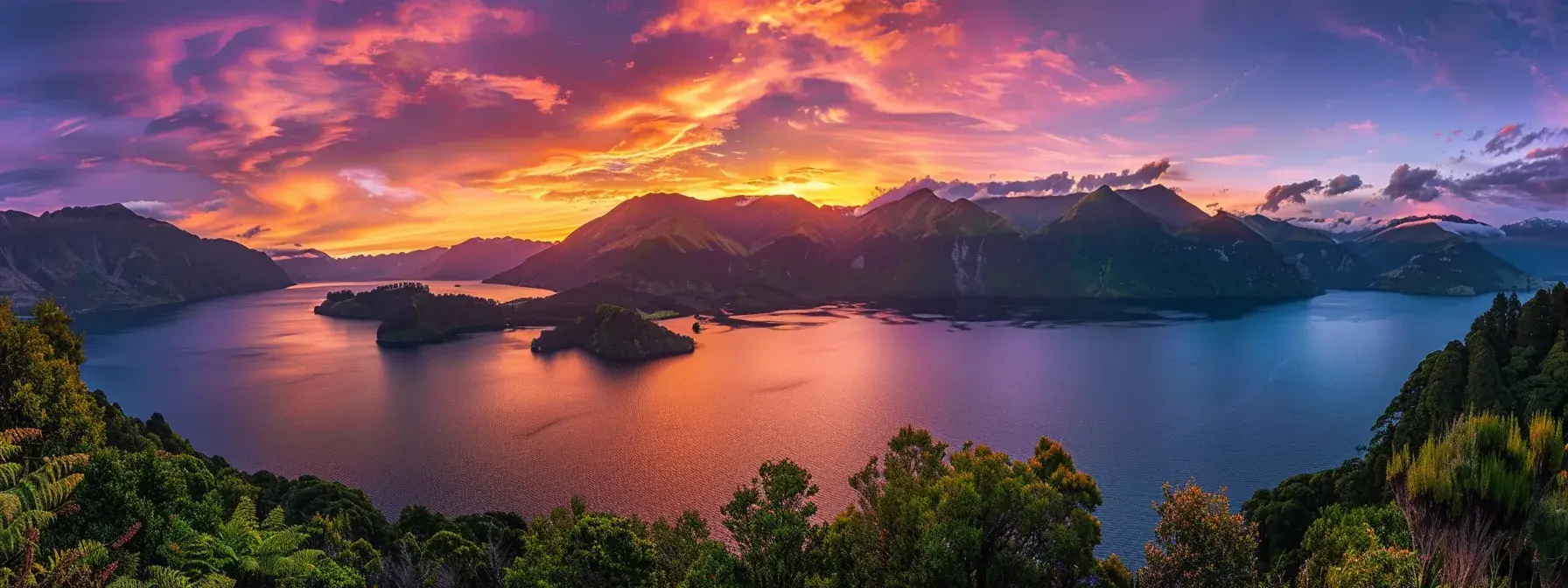 a breathtaking sunset paints the sky in vibrant hues of orange and purple, casting a golden glow over a serene lake surrounded by lush greenery.