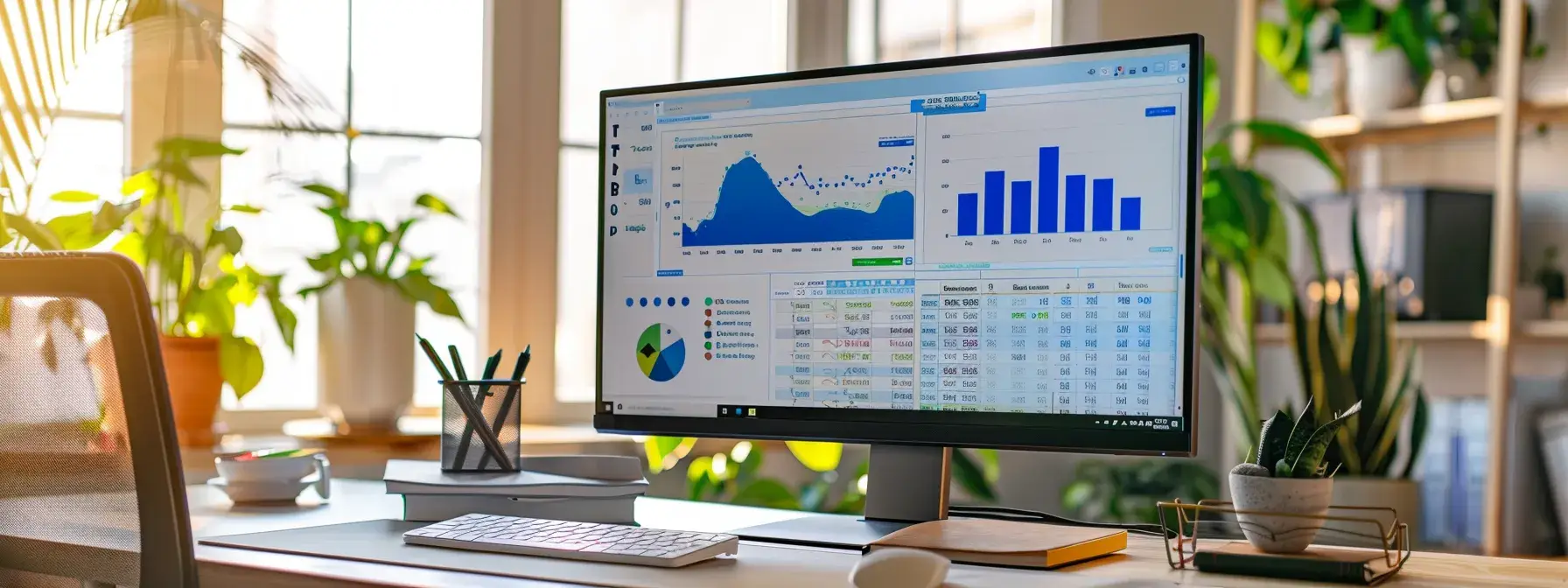 a brightly lit modern office scene featuring a sleek computer monitor displaying the facebook business manager interface, with digital graphs and analytics on the screen, symbolizing the implementation of facebook pixel for a realtor site.