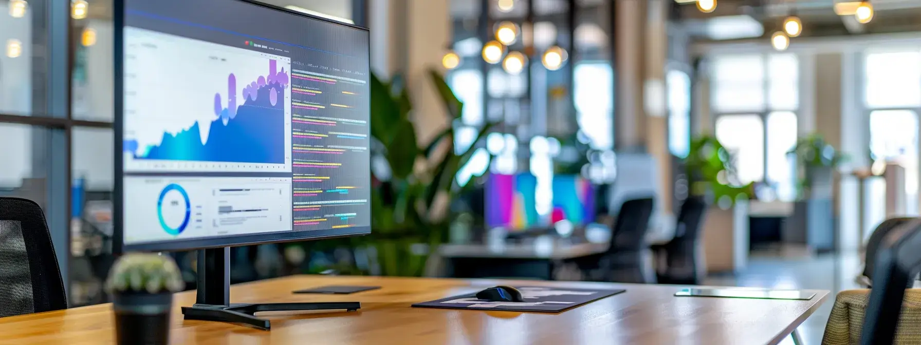 a close-up view of a modern office workspace featuring a high-resolution screen displaying vibrant heatmaps and analytical data, surrounded by sleek technology, conveying a sharp focus on optimizing real estate listing strategies and user engagement analysis.