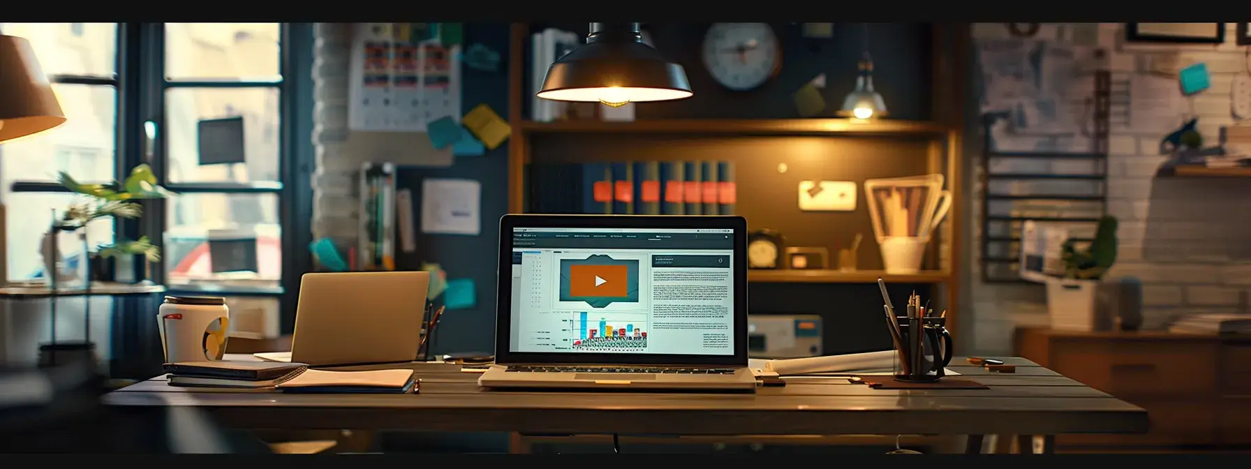 a dynamic digital workspace, illuminated by focused task lighting, showcases a professional crafting engaging headlines on a sleek laptop, surrounded by vibrant notes and seo strategy charts that radiate creativity and precision.