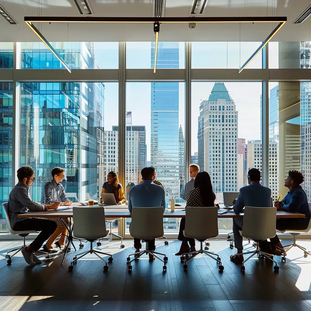 a dynamic, modern office setting features a sleek conference table surrounded by diverse professionals engaged in a lively brainstorming session, with large windows revealing a vibrant urban skyline in the background.