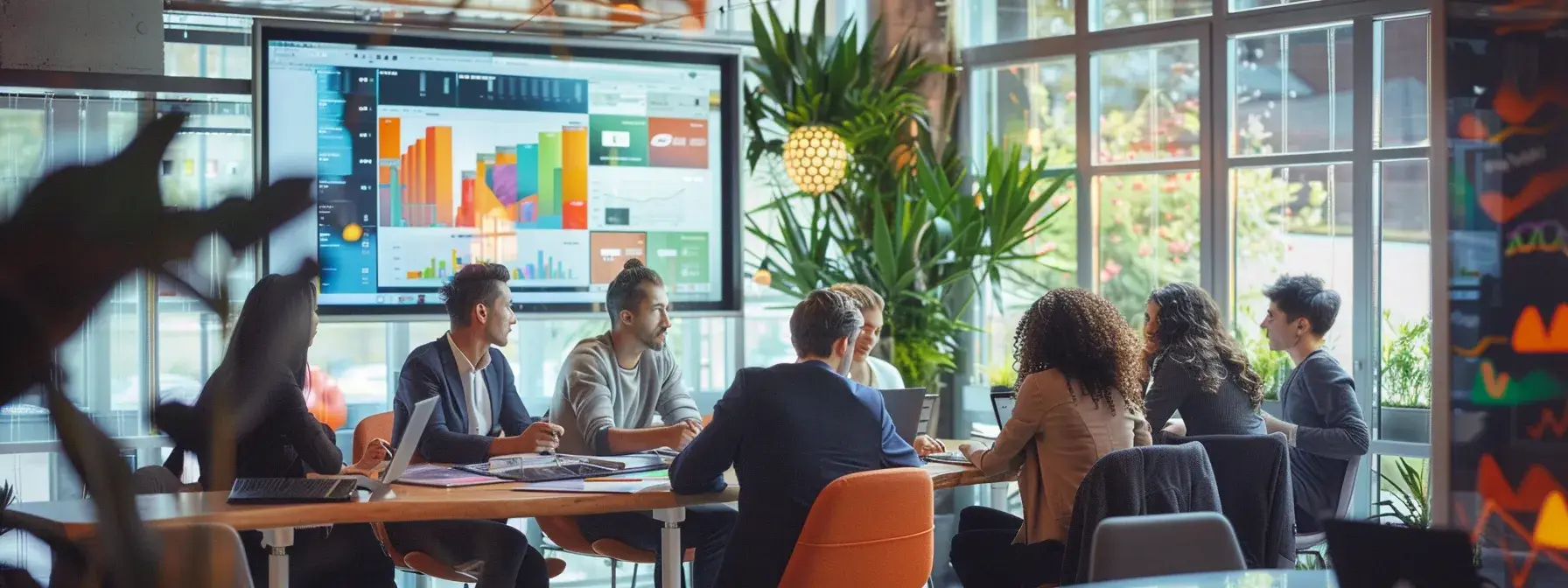 a dynamic office environment showcases a diverse group of realtors engaged in a brainstorming session, surrounded by digital displays of analytics and resources related to facebook pixel performance, emphasizing collaboration and innovation in real estate marketing.