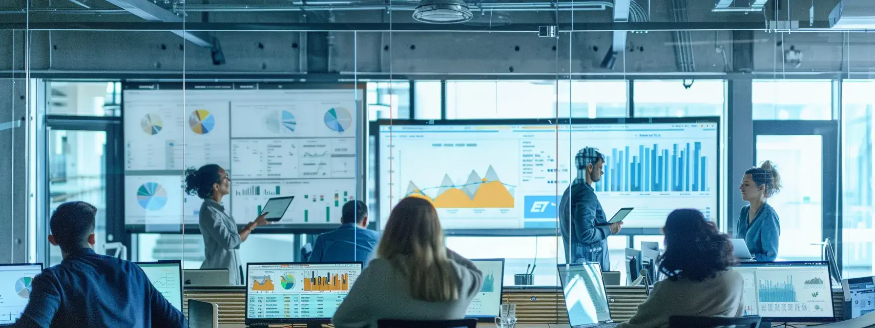 a dynamic office environment showcases vibrant digital displays of ppc campaign analytics, with focused professionals engaged in strategizing over sleek laptops, capturing the essence of cutting-edge online advertising techniques.