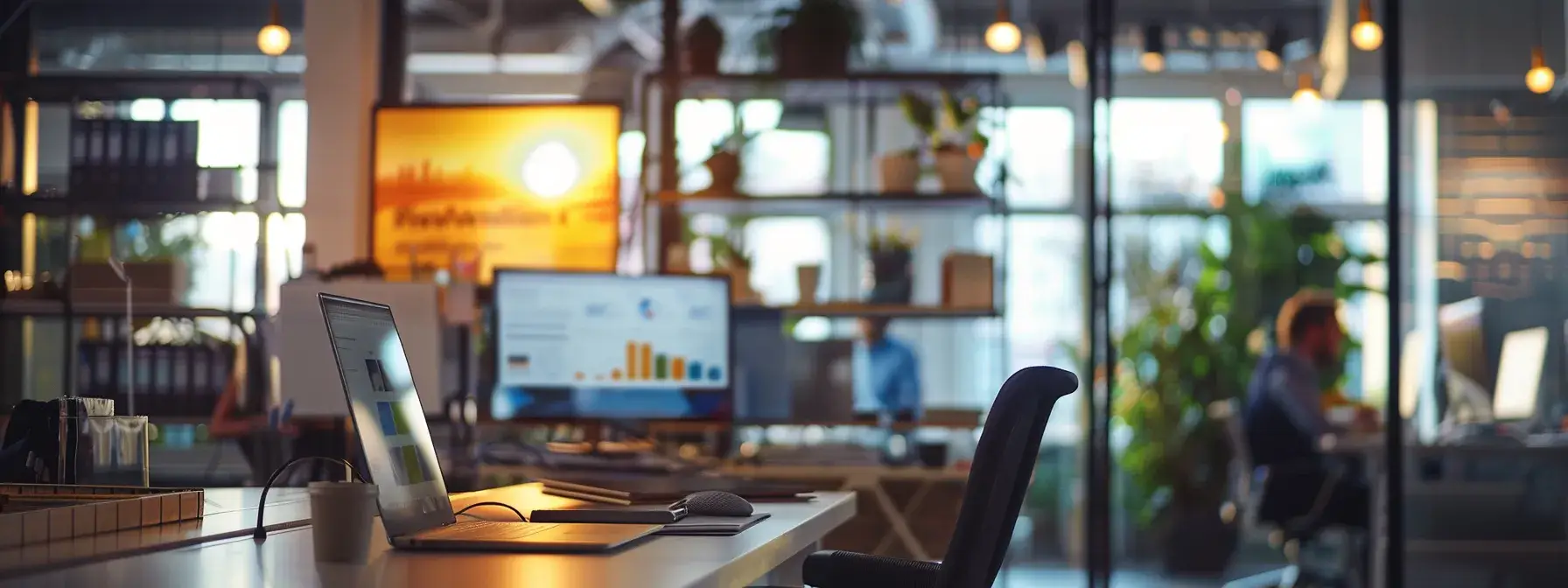 a dynamic office space showcases a large digital screen displaying vibrant facebook ads and property listings, while a focused realtor analyzes customer engagement data on a sleek laptop, emphasizing the modernity of retargeting strategies in real estate.