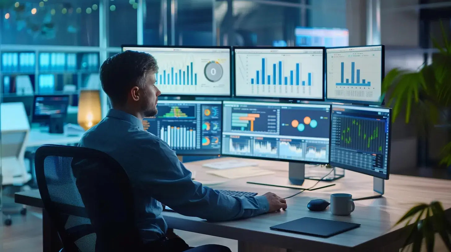 a dynamic urban office environment showcases a professional analyzing sleek analytics dashboards on multiple monitors, with vibrant graphs and data visualizations reflecting strategic insights for enhancing online real estate engagement.