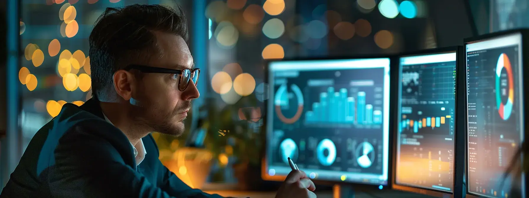 a dynamic urban office scene showcases a focused real estate agent reviewing detailed digital analytics and competitive bidding strategies on dual monitors, illuminated by cool, professional lighting, conveying a sense of strategic expertise and modern marketing prowess.