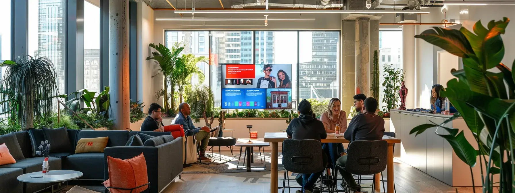 a dynamic urban office setting showcases a diverse team brainstorming compelling ad copy for realtor listings, surrounded by digital displays featuring eye-catching images and analytics for targeted advertising strategies.