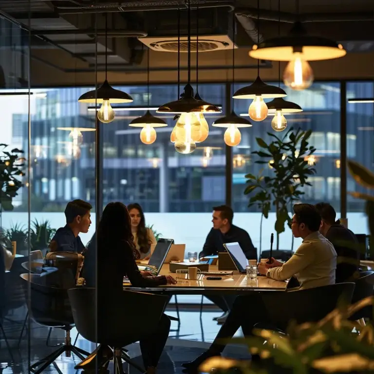 a dynamic urban office space showcases a diverse group of professionals engaged in a lively brainstorming session around a sleek glass conference table, illuminated by modern pendant lights that enhance the innovative atmosphere.
