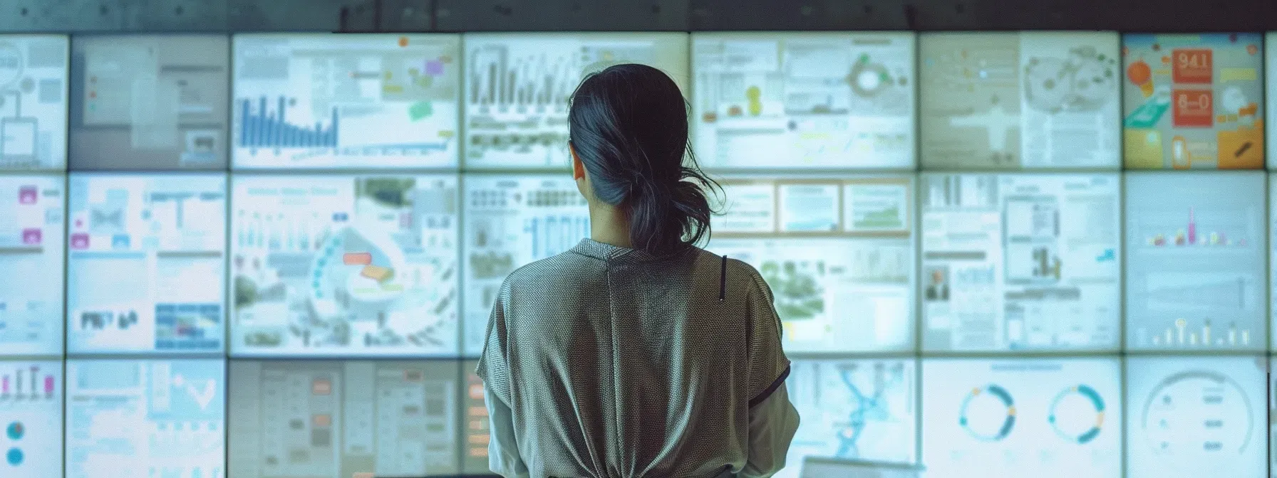 a focused analyst examines a complex user journey flowchart displayed on a large screen in a modern office, surrounded by data-driven visuals and sleek digital interfaces, highlighting insights for optimizing a realtor website's user experience.