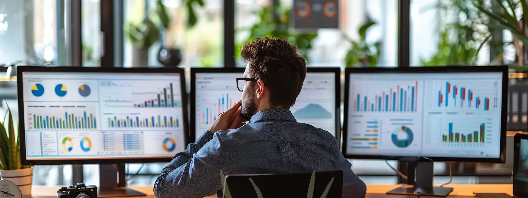 a focused business analyst sits at a sleek, modern desk surrounded by multiple screens displaying colorful graphs and data analytics, embodying the meticulous review of realtor landing page performance reports in a bright, well-lit office environment.