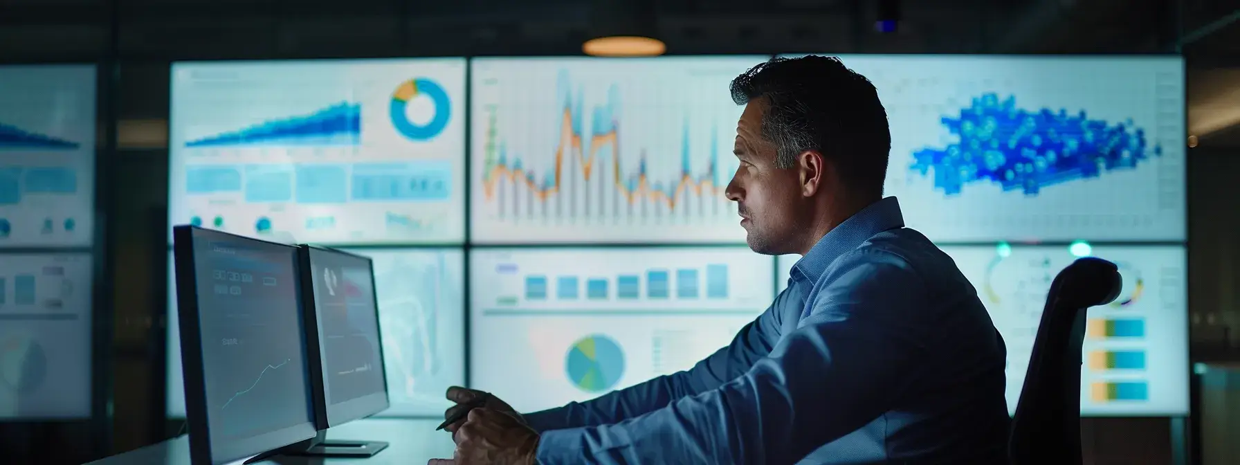 a focused business professional sits at a sleek conference table, analyzing a high-resolution screen filled with colorful graphs and keyword data, illuminated by soft overhead office lighting, reflecting a dynamic discussion about enhancing ppc campaigns for real estate investments.