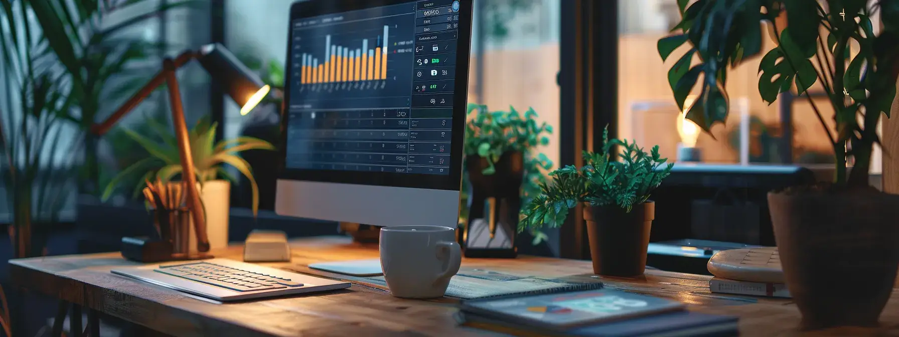 a focused office scene showcases a sleek computer screen displaying vibrant retargeting ad campaign analytics alongside a sophisticated business card and a notebook filled with strategic notes, under warm artificial lighting that enhances the professional ambiance.