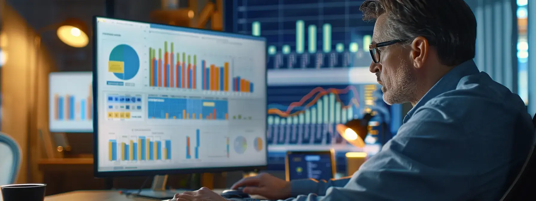 a focused urban office scene captures a professional analyzing facebook pixel data on a sleek computer screen, surrounded by charts and graphs that highlight advertising performance and troubleshooting strategies for real estate campaigns.