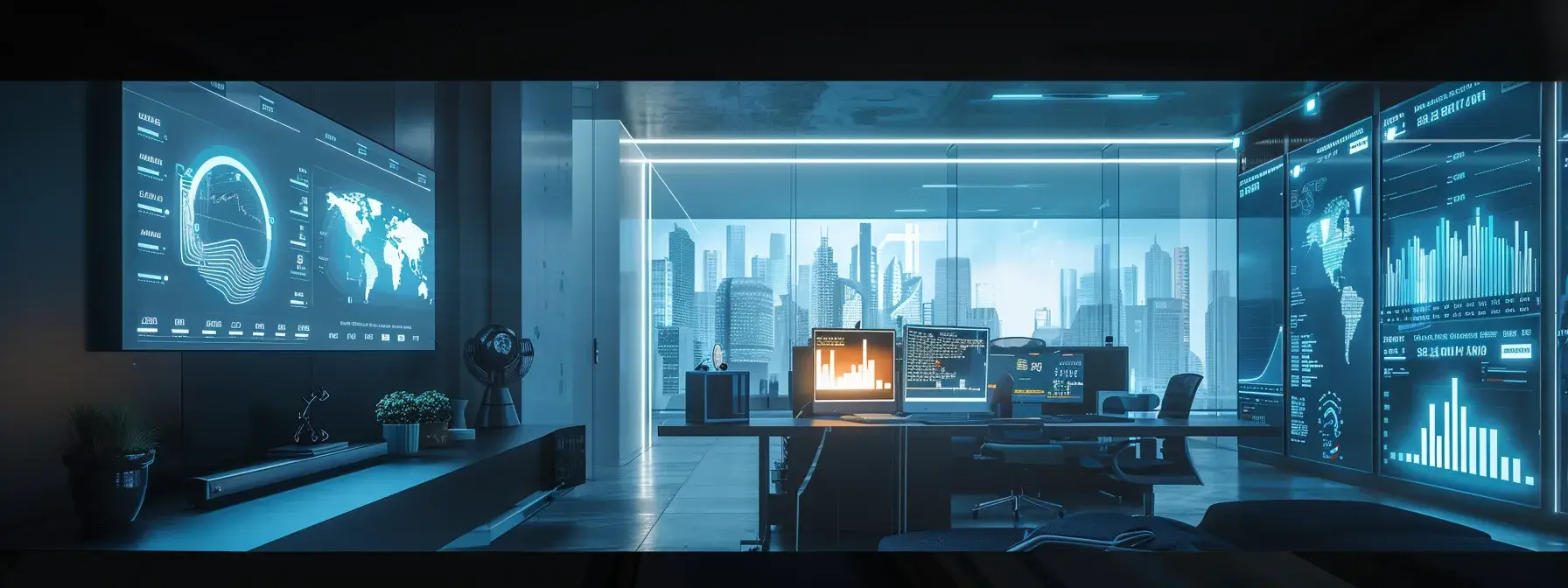 a futuristic office space illuminated by soft blue light showcases a sleek digital dashboard displaying vibrant graphs and metrics, symbolizing the dynamic analysis of chatbot engagement in real estate lead generation.