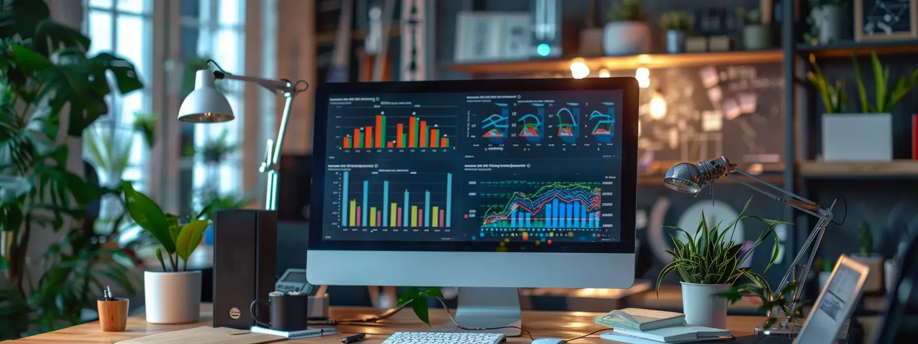 a high-tech office scene featuring a sleek computer screen displaying vibrant graphs and analytics dashboards, highlighting metrics and performance data, with a modern workspace setting that conveys focused data analysis for real estate website optimization.