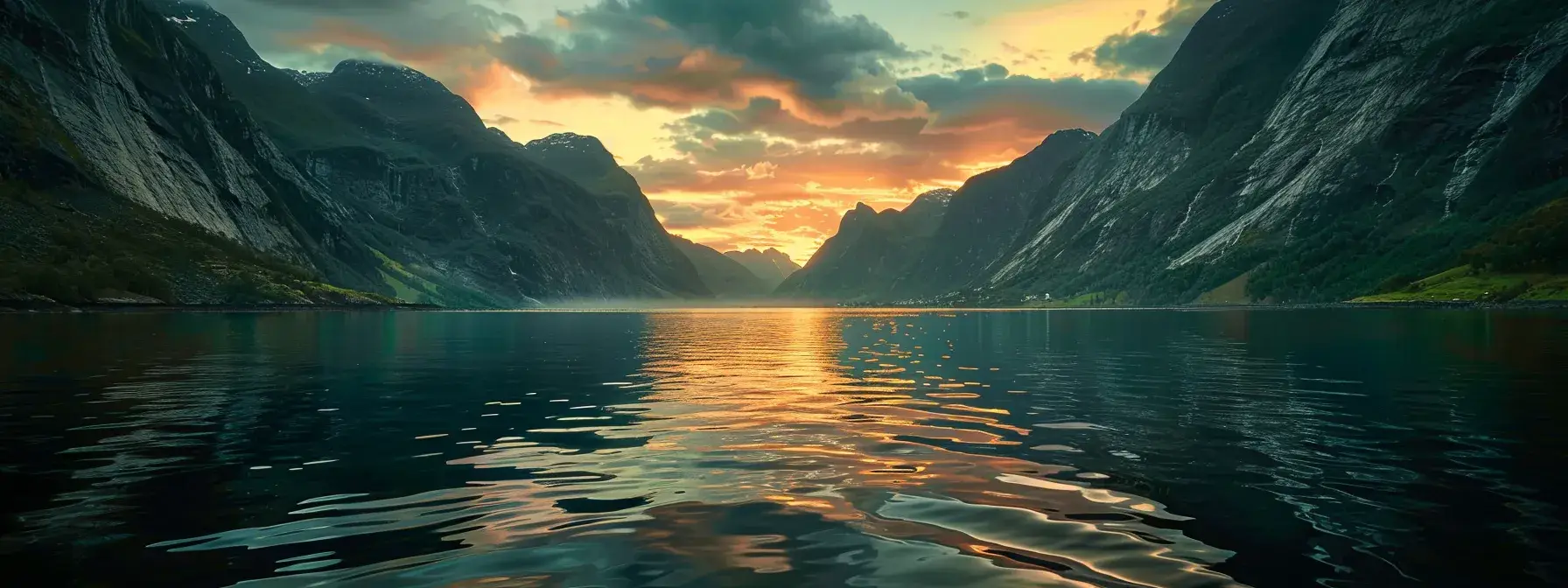 a mesmerizing sunrise illuminates a tranquil lake surrounded by majestic mountains, casting vibrant reflections on the water's surface, evoking a sense of serene beauty.