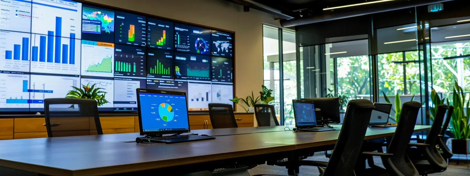 a modern conference room with a sleek table is filled with high-tech devices displaying vibrant graphs and charts on retargeting strategies, showcasing a successful real estate campaign analysis.