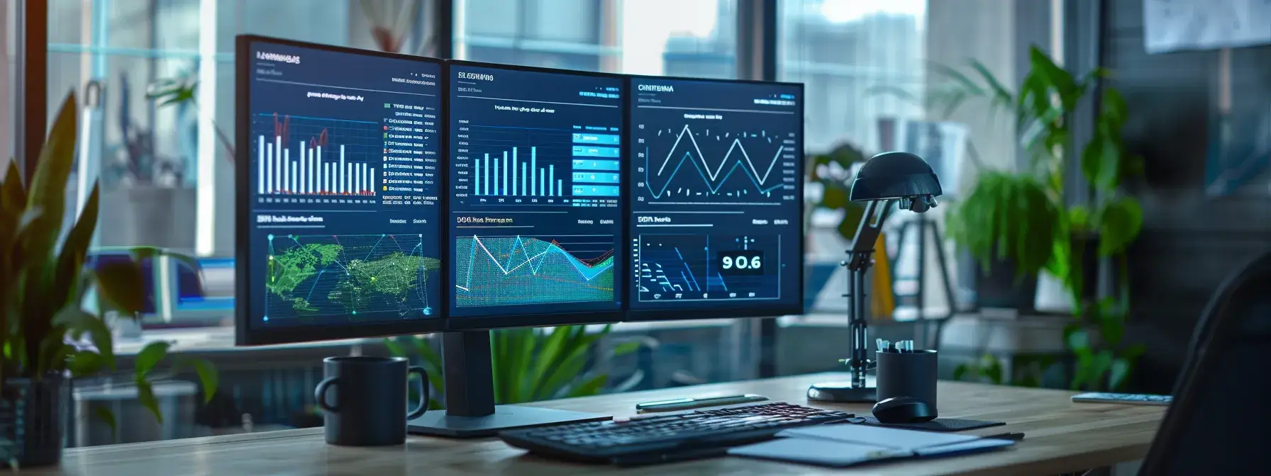 a modern office environment showcases a high-tech dashboard displaying analytics and charts, illustrating real-time optimization strategies for real estate conversion rates, with a focus on data-driven decision-making and client engagement.