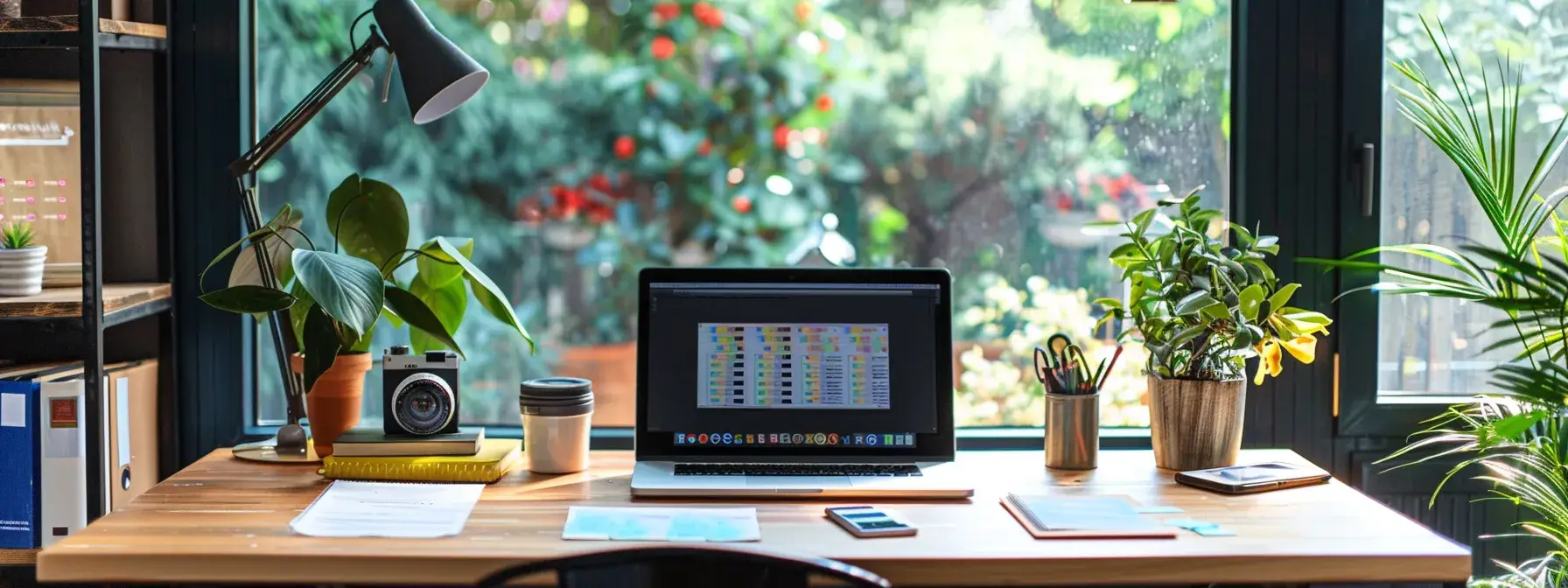 a modern office space features a sleek laptop on a polished wooden desk, surrounded by vibrant, colorful email newsletters and marketing materials, encapsulating the dynamic essence of implementing a successful email marketing campaign for real estate professionals.