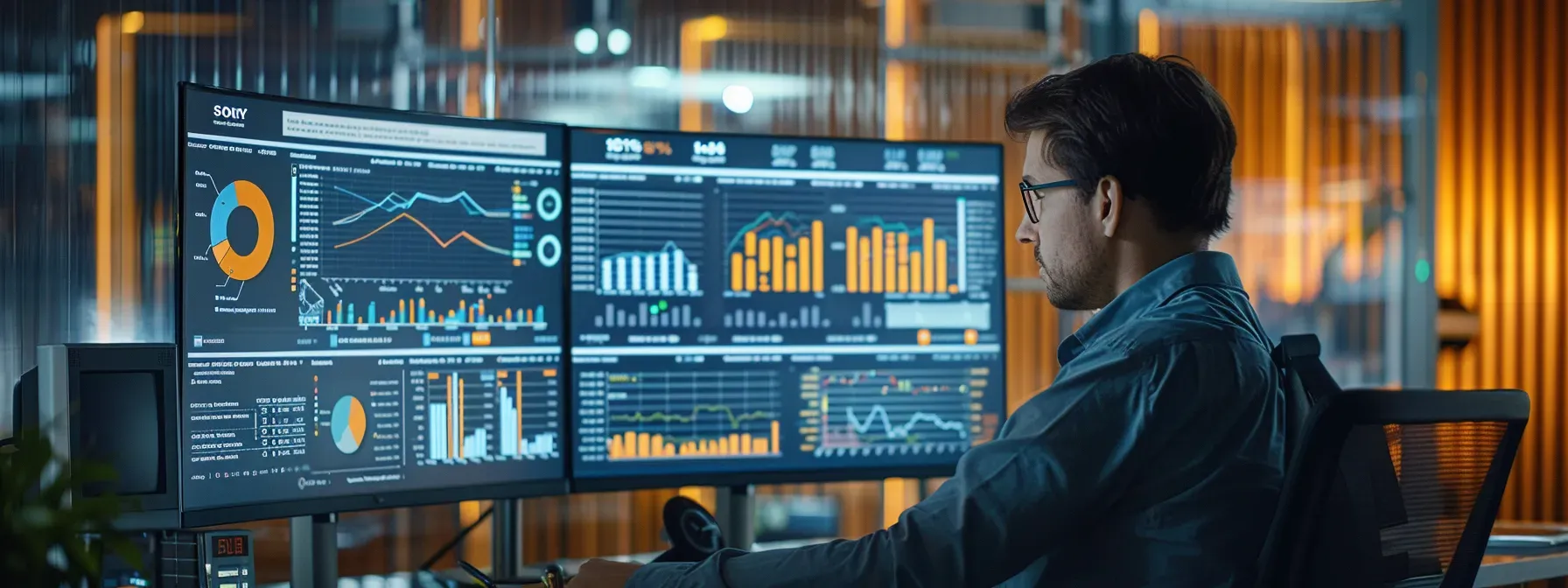 a modern office space featuring a sleek computer screen displaying user feedback analytics, surrounded by dynamic charts and graphs, with a professional engaged in focused analysis amidst a backdrop of vibrant discussions and interactions on a large digital display.