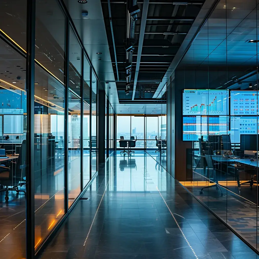 a modern office space filled with sleek, high-tech equipment and large screens displaying dynamic graphs, illuminated by sharp, vibrant led lighting that underscores the energy of innovation.