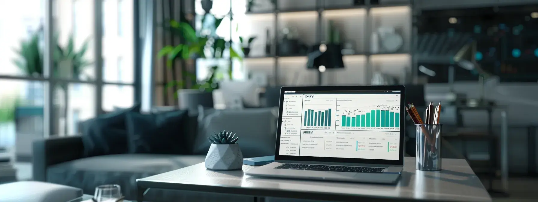 a modern office space is adorned with sleek technology, featuring an open laptop displaying an email marketing dashboard, surrounded by vibrant charts and graphs, emphasizing a tech-savvy realtor's strategic approach to client engagement and marketing automation.