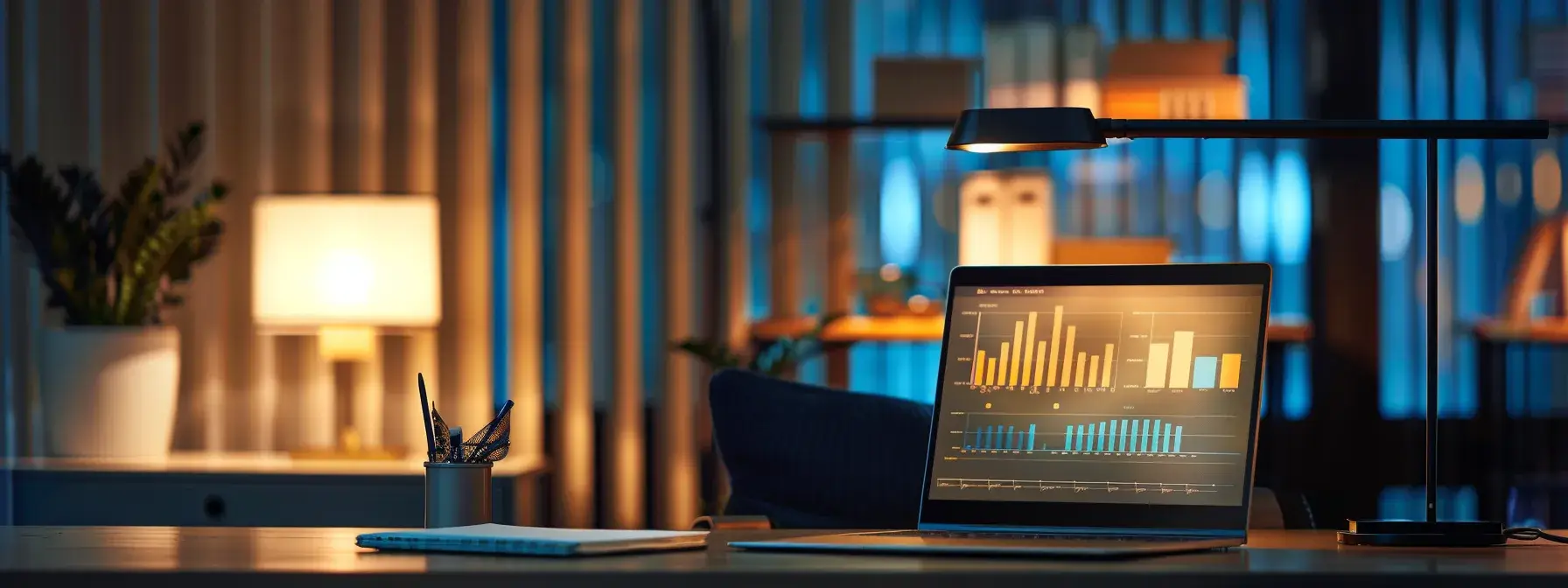 a modern office space is illuminated by warm artificial lighting, showcasing a sleek laptop on a polished desk with detailed graphs and metrics displayed on the screen, symbolizing an analytical approach to realtor email marketing success.