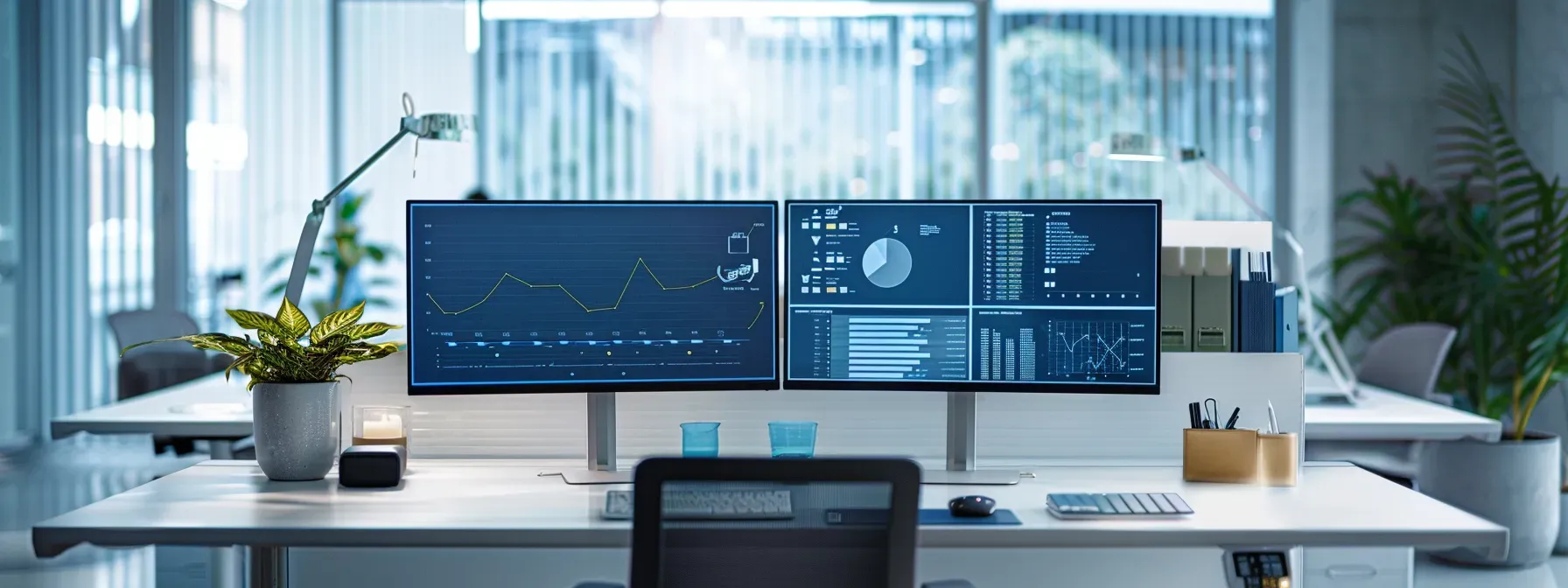a modern office space showcases a sleek desk with dual monitors displaying data analytics and privacy regulations, emphasizing the ethical exploration of user behavior tracking in a tech-driven environment.