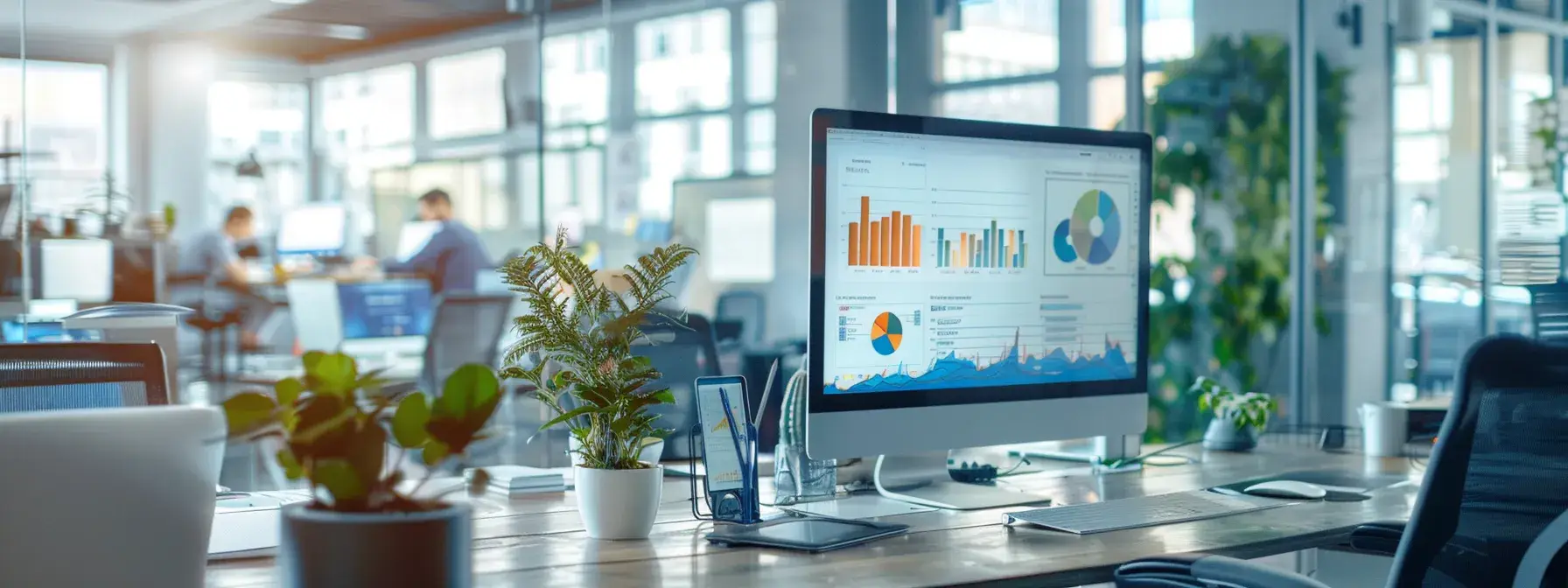 a modern office space showcases a sleek computer setup displaying a dynamic crm dashboard, surrounded by team members engaged in a focused discussion, emphasizing the integration of technology in enhancing client communications and operational efficiency.