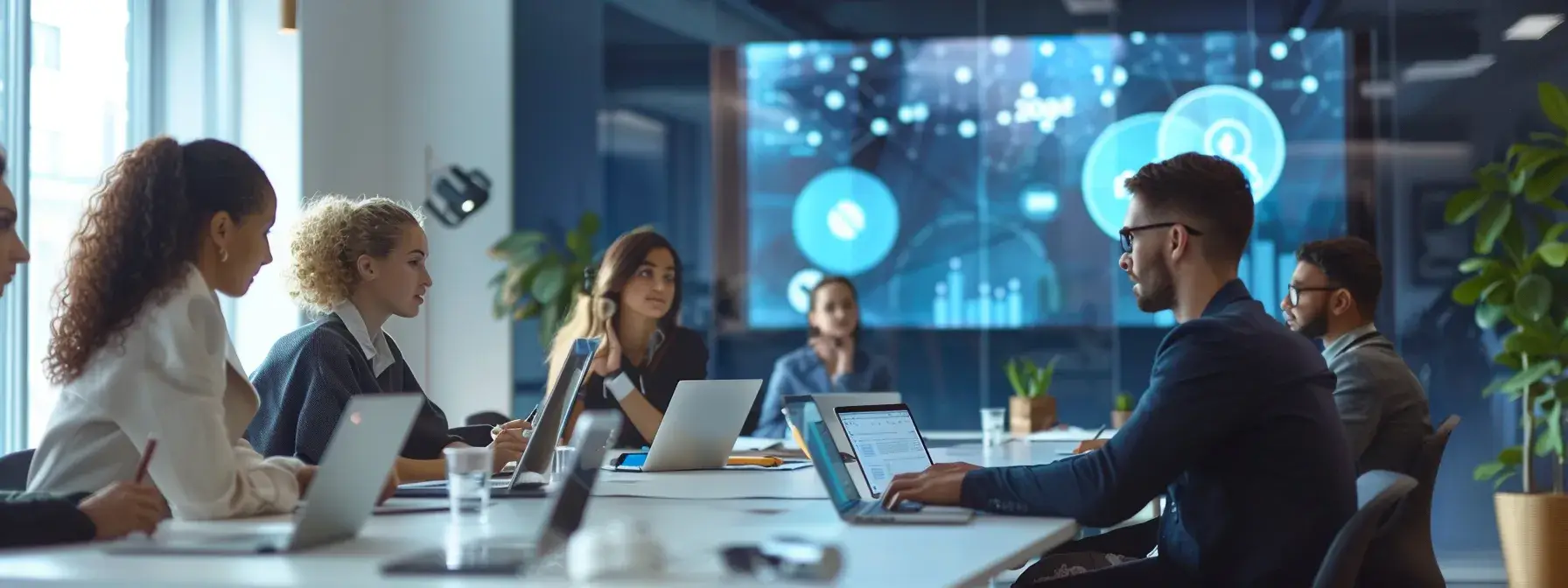 a modern office workspace buzzes with activity as a diverse team collaborates around a sleek table, analyzing digital marketing strategies on laptops while vibrant social media graphics are projected on a large screen.