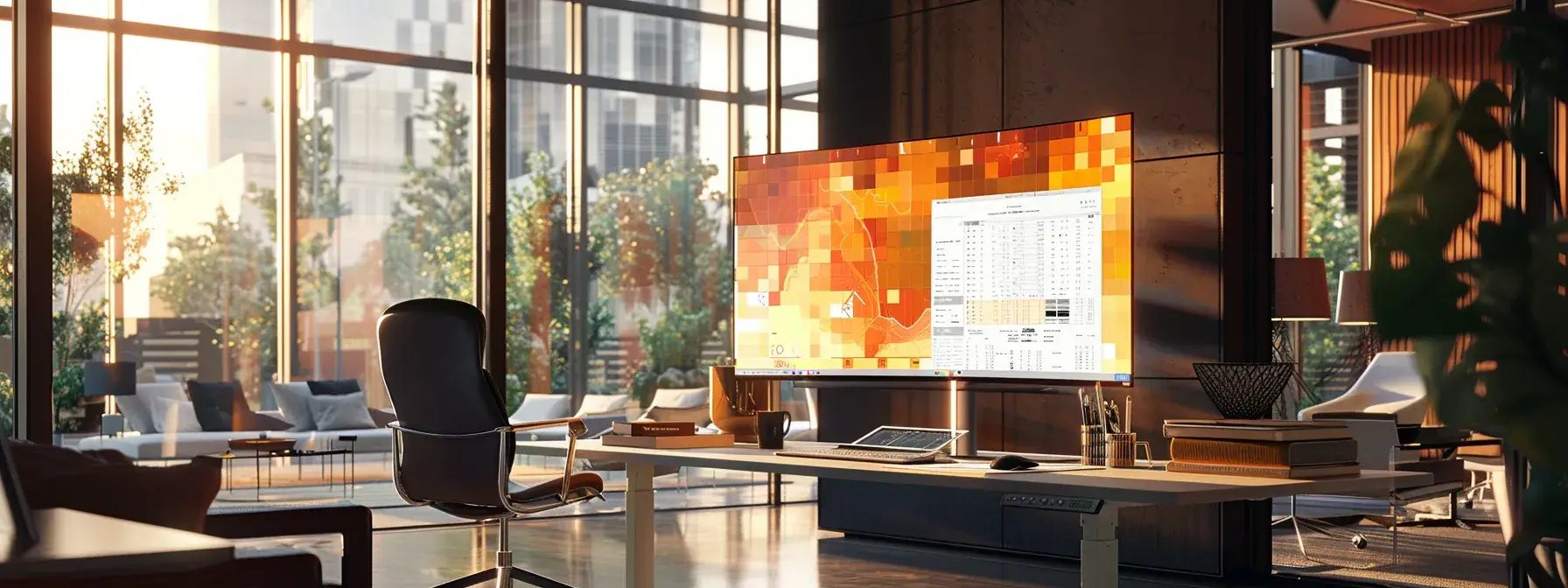 a modern office workspace features a large computer monitor displaying an intricate, colorful heatmap overlay of a realtor’s website, surrounded by sleek furniture and professional design elements that emphasize digital transformation and user engagement.