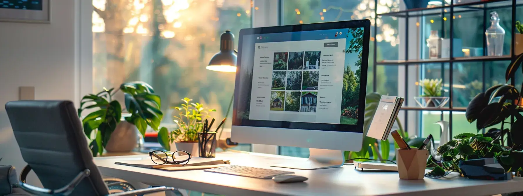 a modern office workspace features a sleek computer displaying an engaging realtor website, surrounded by vibrant social media icons and clear call-to-action graphics, highlighting the importance of effective online promotion in real estate.