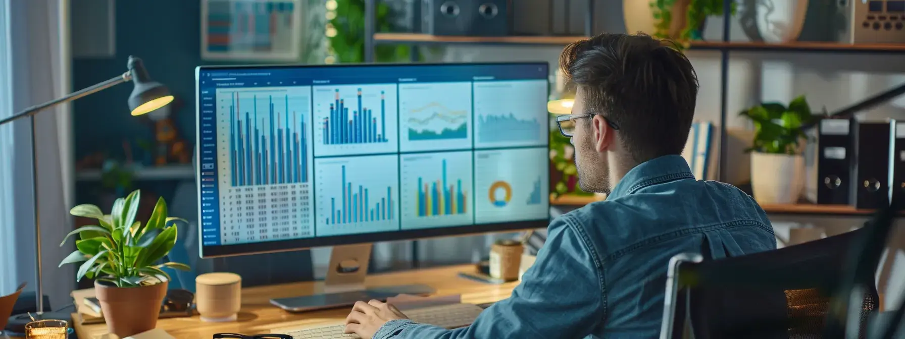 a modern office workspace features a sleek computer screen displaying vibrant graphs and charts of event tracking data, with a thoughtful professional analyzing the actionable insights to enhance marketing strategies and realtor conversion rates in the foreground.