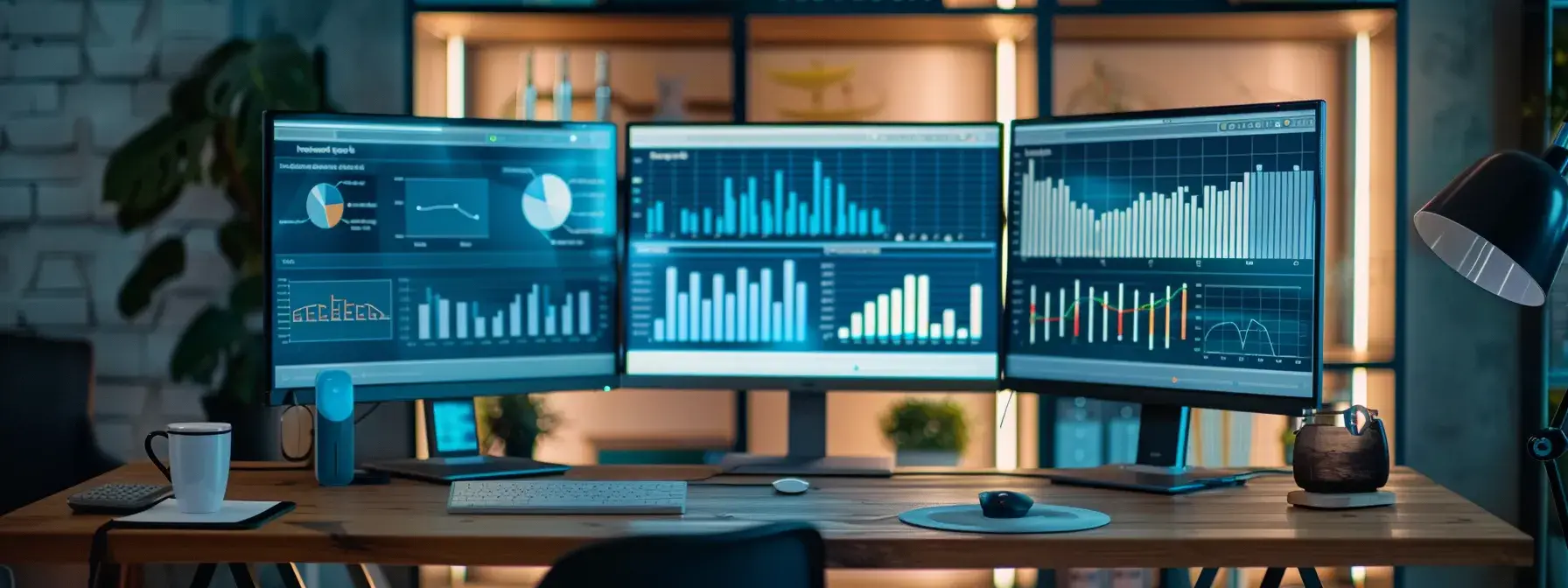 a modern office workspace features a sleek desk with dual monitors displaying intricate graphs and analytics reports, highlighting the importance of tracking realtor site metrics and emphasizing the contrast between vanity metrics and meaningful performance data.