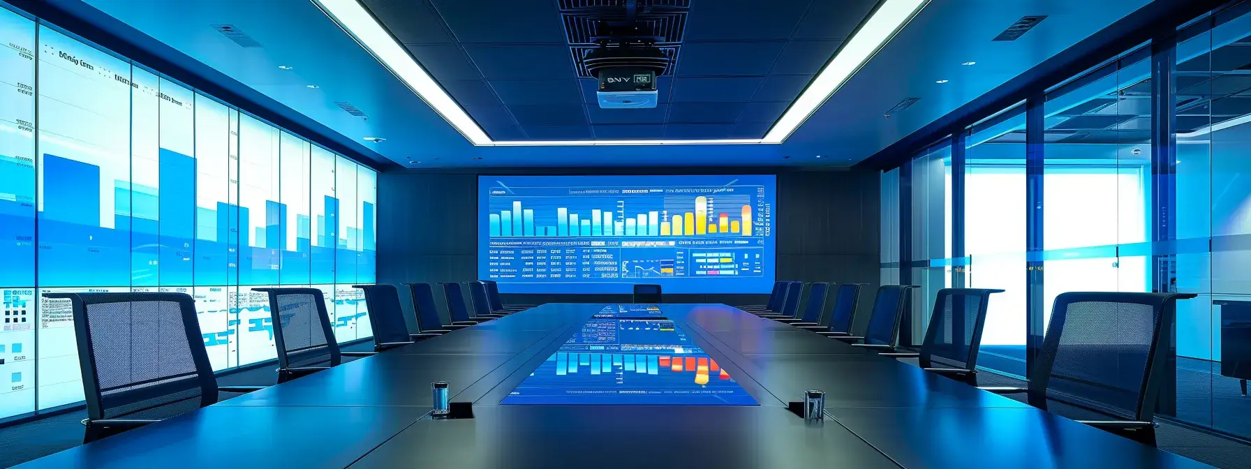 a modern office workspace features a sleek conference table surrounded by digital screens displaying colorful competitor metrics and analytics charts, reflecting strategic discussions aimed at optimizing lead generation and enhancing online presence.