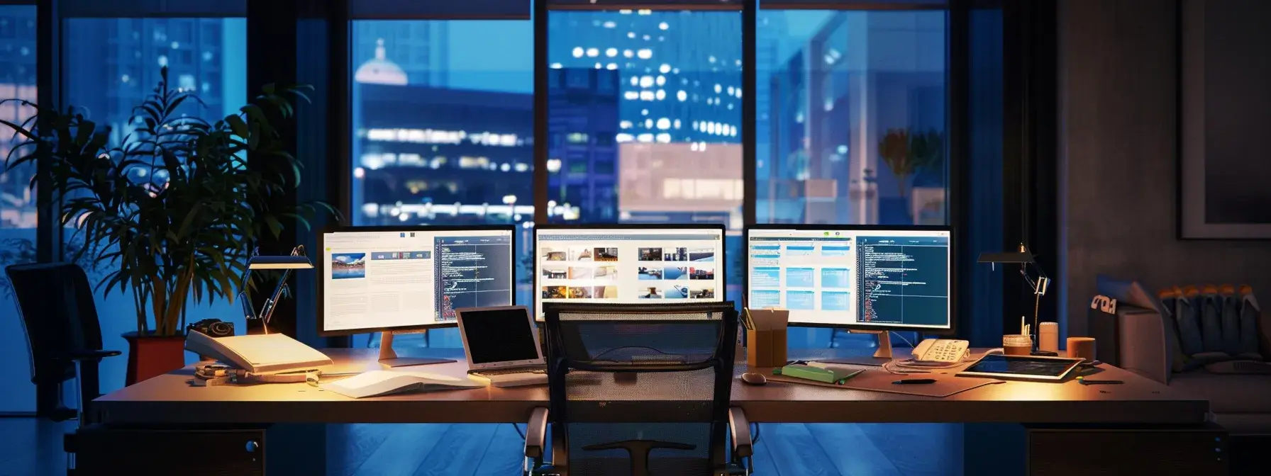 a modern office workspace showcases a realtor at a sleek desk, surrounded by multiple screens displaying email marketing analytics and compliance checklists, reflecting the challenges and strategies of digital marketing in real estate.