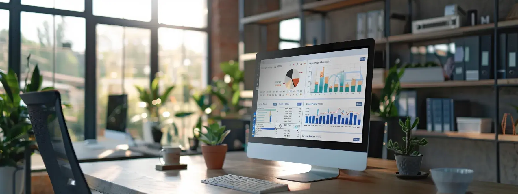 a modern office workspace showcases a sleek computer screen displaying dynamic event tracking analytics alongside a crm dashboard, emphasizing cutting-edge technology in real estate marketing.