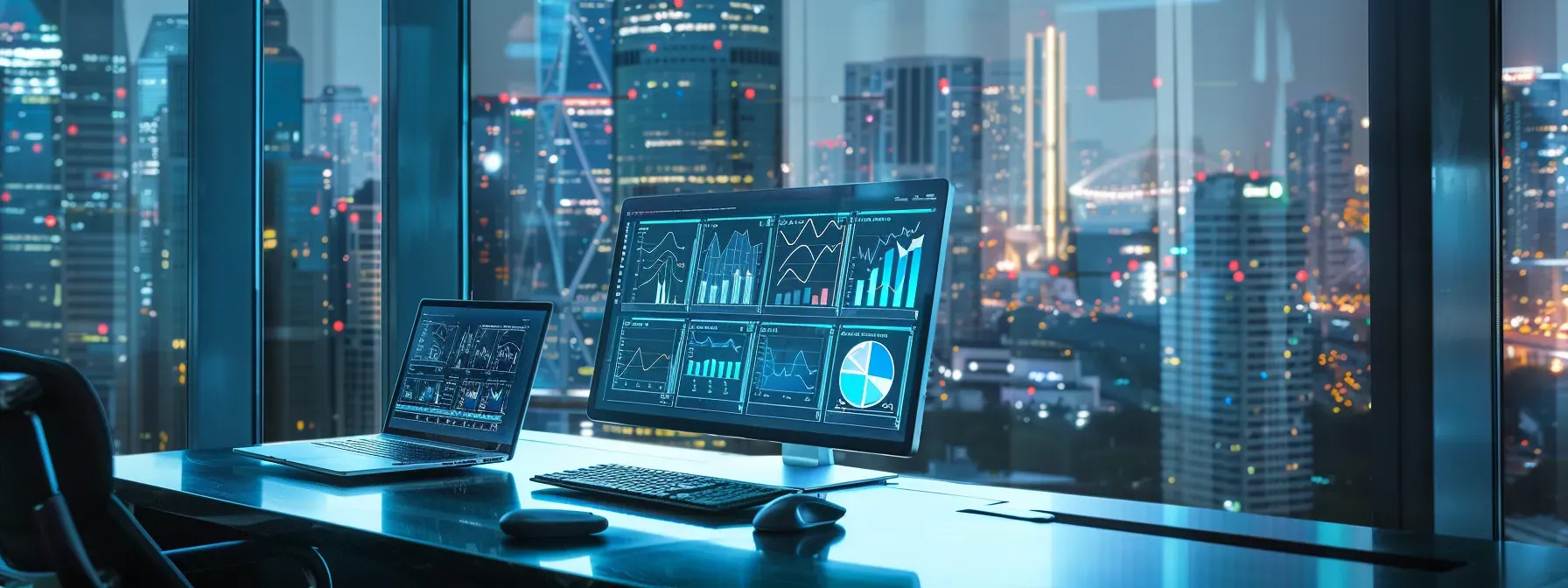 a modern office workspace showcases a high-tech computer screen displaying intricate graphs and visualizations of user behavior analytics, with a sleek laptop nearby and a futuristic city skyline visible through the large window, emphasizing the intersection of technology and real estate.