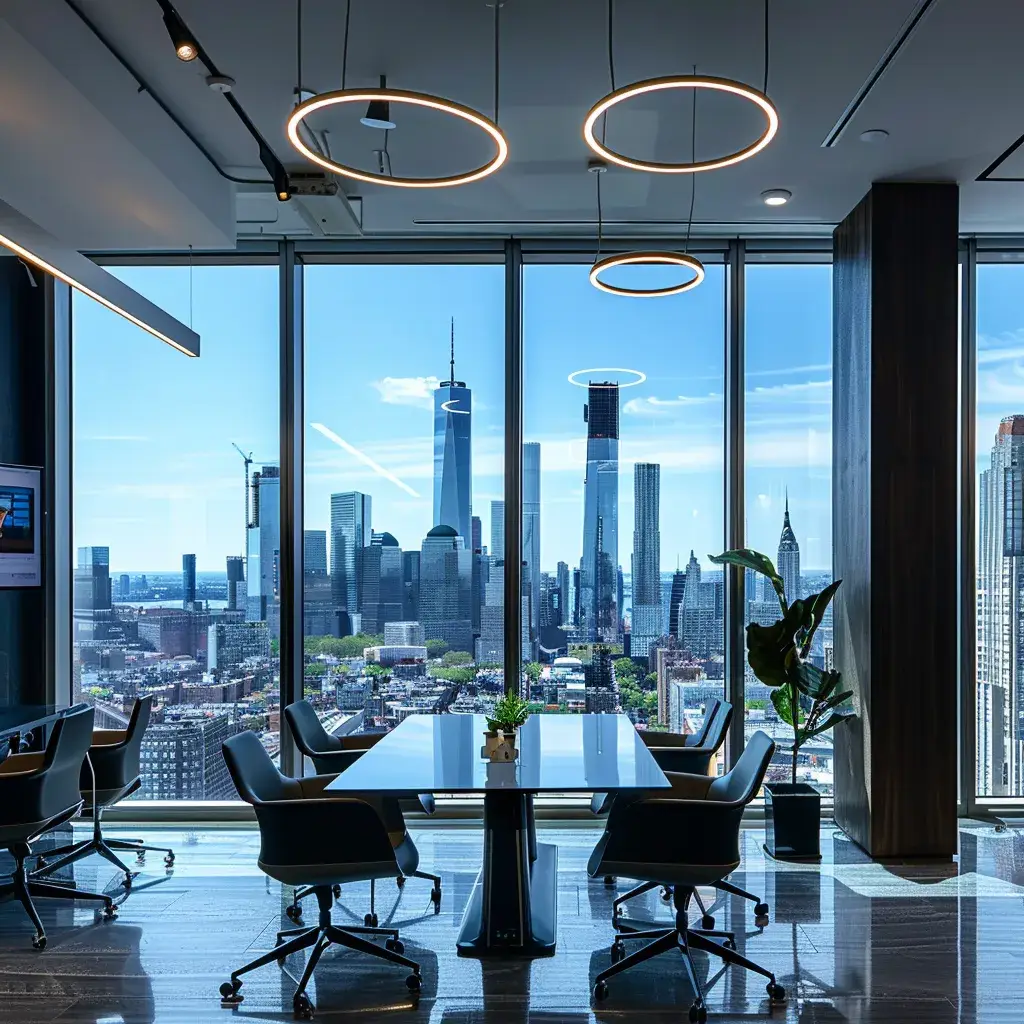 a modern, sleek office space features a panoramic view of a bustling city skyline, with sharp glass furniture and dynamic lighting casting vibrant reflections, emphasizing a theme of innovation and progress in the business world.